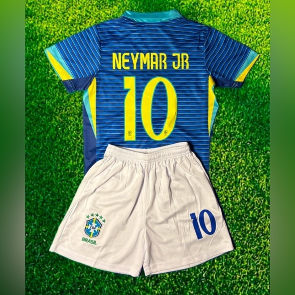Neymar Jr Kids Blue Soccer Jersey Set Brazil Footballer Toddler Youth Uniform